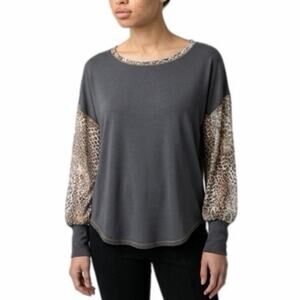 Mystree Women's Blouse S Leopard Print Balloon Long Sleeve Contrast Gray NWT